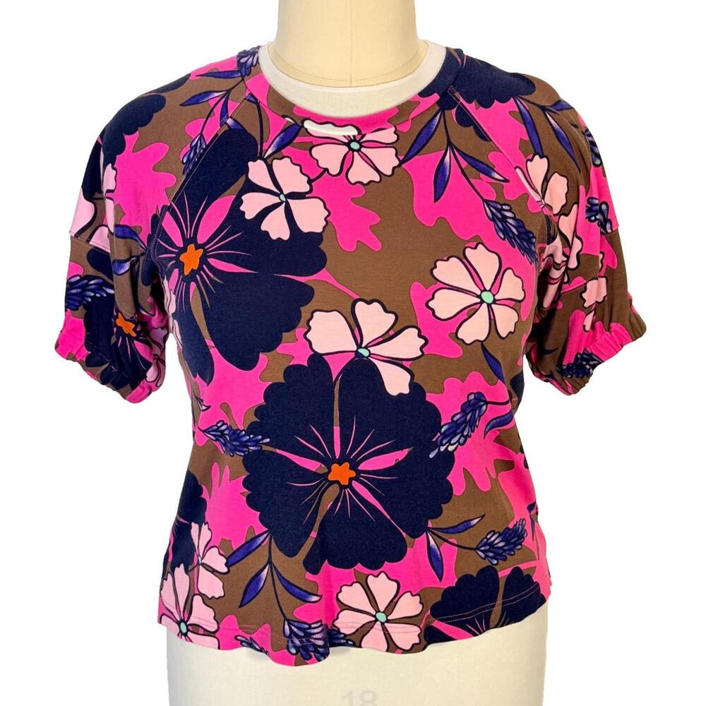 Crown & Ivy Knit Top Women's L Pink Brown Short Sleeve Boat Neck 60's Floral